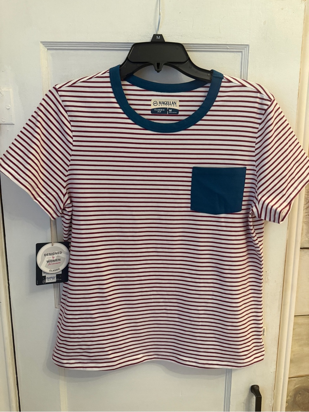 Magellan Outdoors Medium Striped Tee - Burgundy & White with Teal Trim